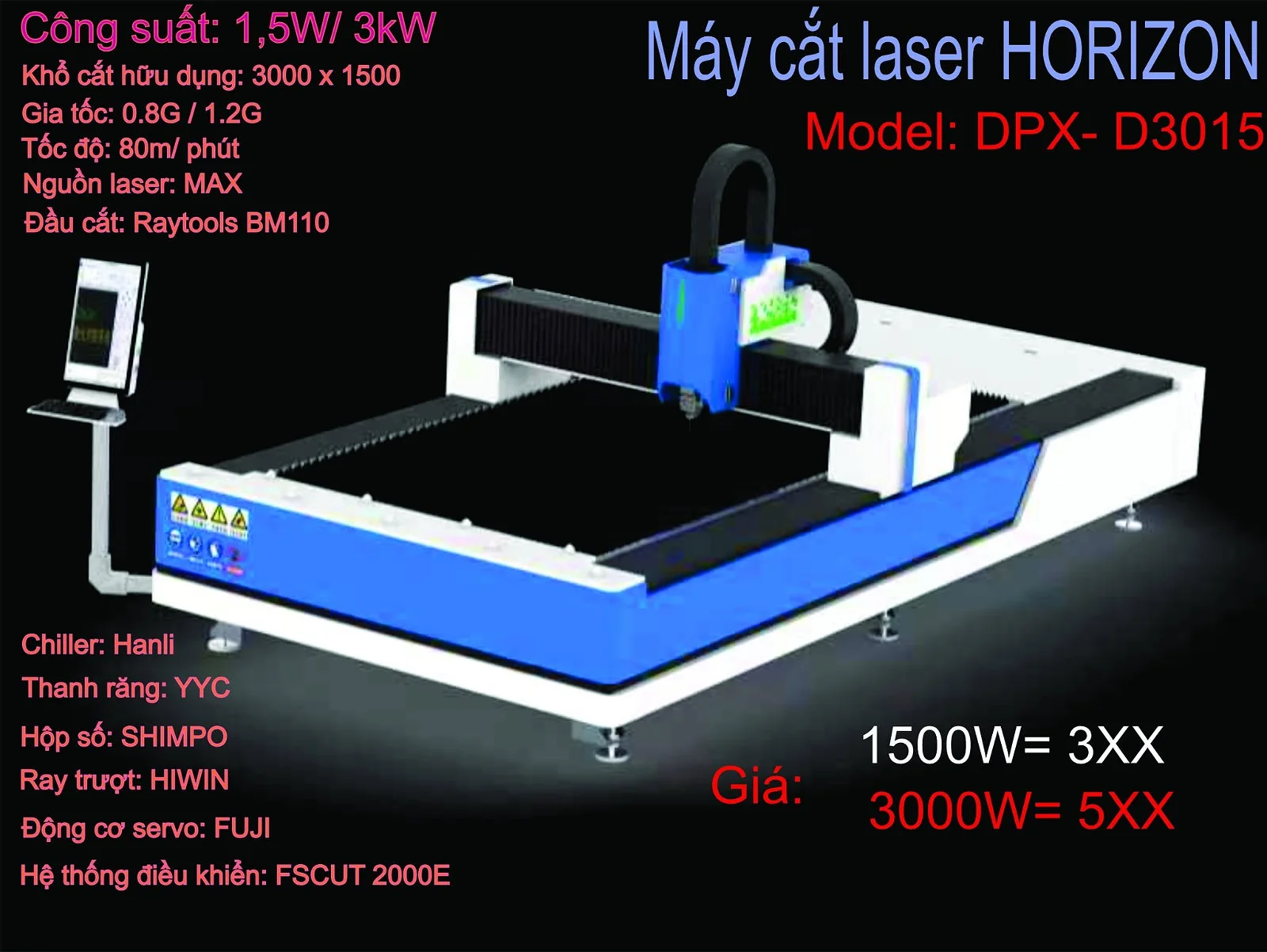 MÁY CẮT LASER FIBER HORIZON DPX-D3015 – 1500W / 3000W